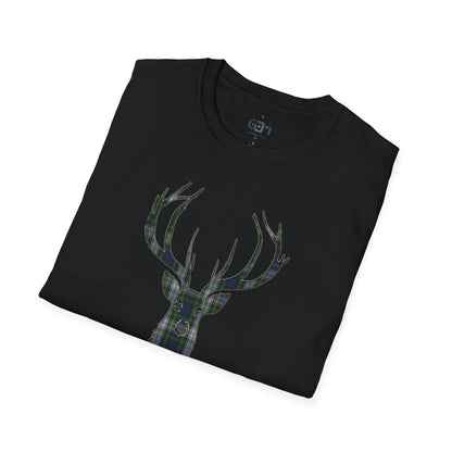 Tartan Stag Softstyle T-Shirt - Gordon Dress Tartan, Unisex Tee, Scottish Scenery, Various Colours