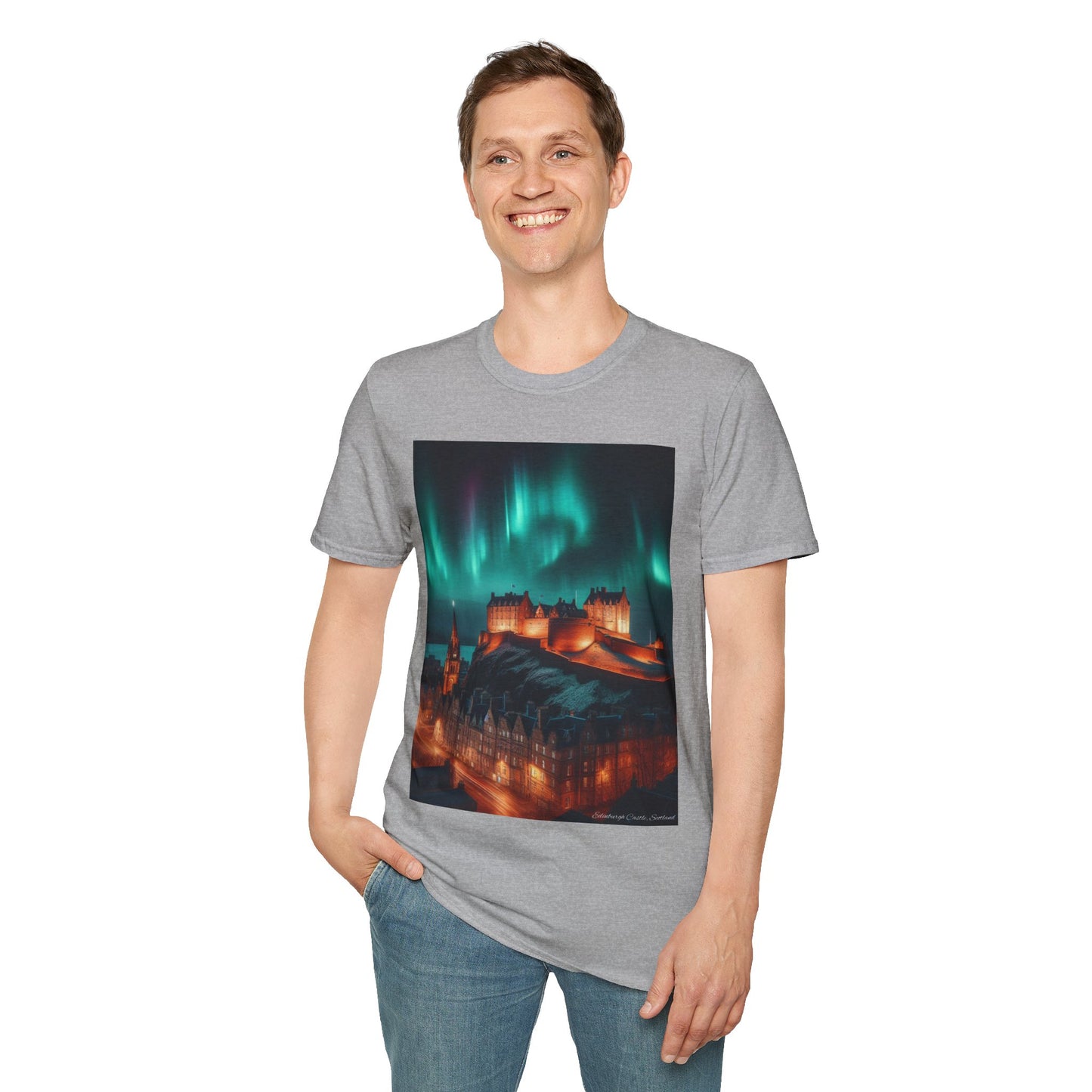 Edinburgh Castle with Northern Lights Softstyle Unisex T-Shirt, Scotland Tee