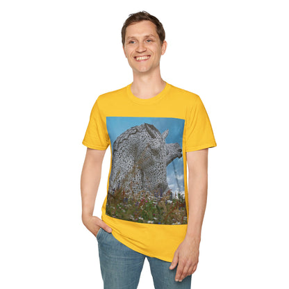 Kelpies with Meadow Photo Softstyle T-Shirt, Unisex Tee, Scottish Landmarks, Various Colours