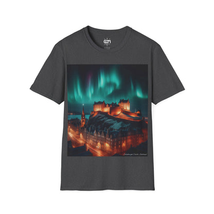 Edinburgh Castle with Northern Lights Softstyle T-Shirt, Unisex Tee, Scotland Shirt, Scottish Landmark, Nature, Scenery, Various Colours