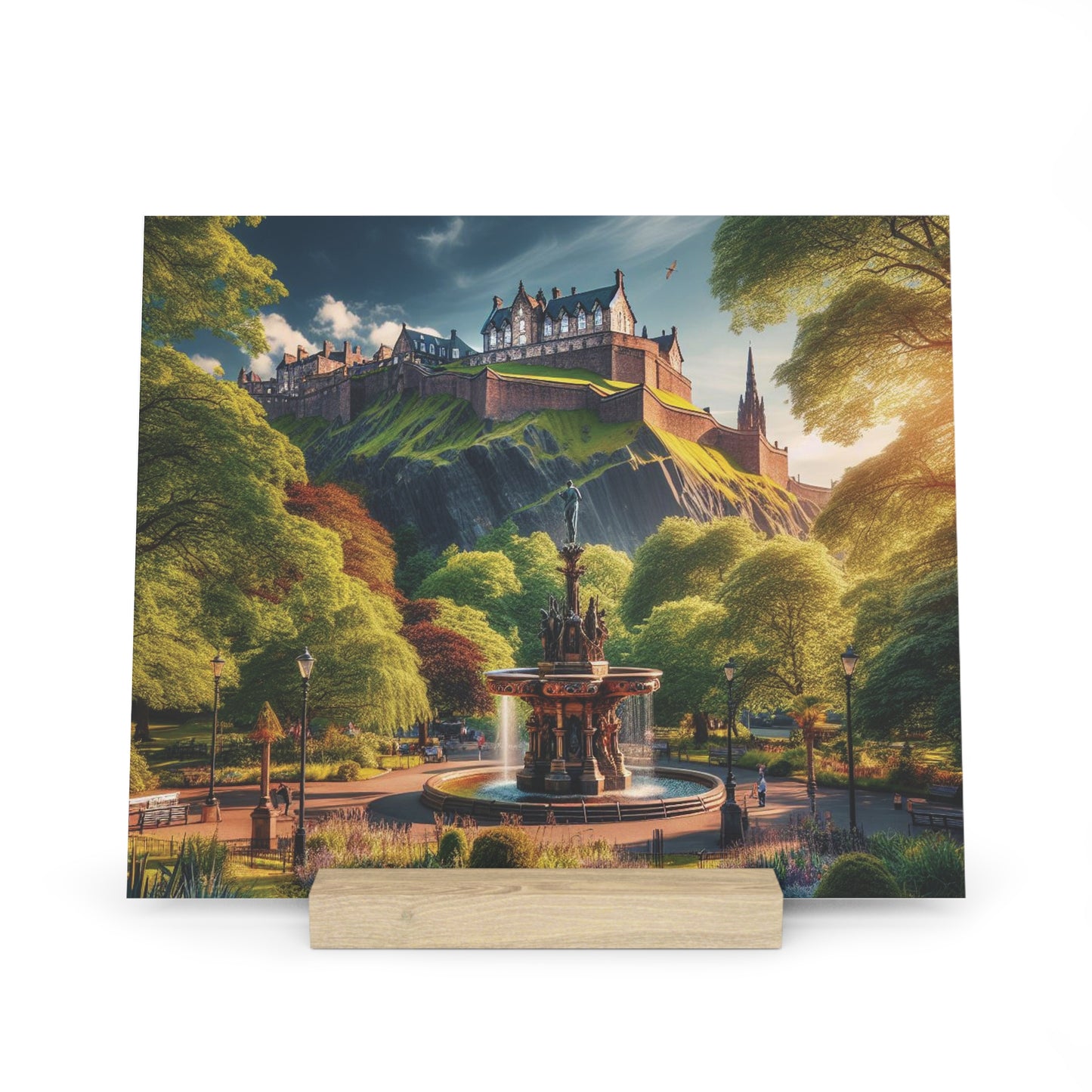 Summer Collection Gallery Stand Edinburgh Castle with Ross Fountain, Oak Picture Stand, Scotland Art, Scenery, Landmarks, Various Sizes