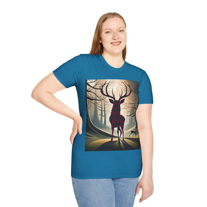 Stag Tartan Silhouette Softstyle T-Shirt - Lindsay Tartan, Unisex Tee, Scottish Scenery, Various Colours