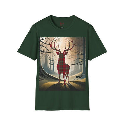 Stag Tartan Silhouette Softstyle T-Shirt - Stewart Royal Tartan, Unisex Tee, Scottish Scenery, Various Colours