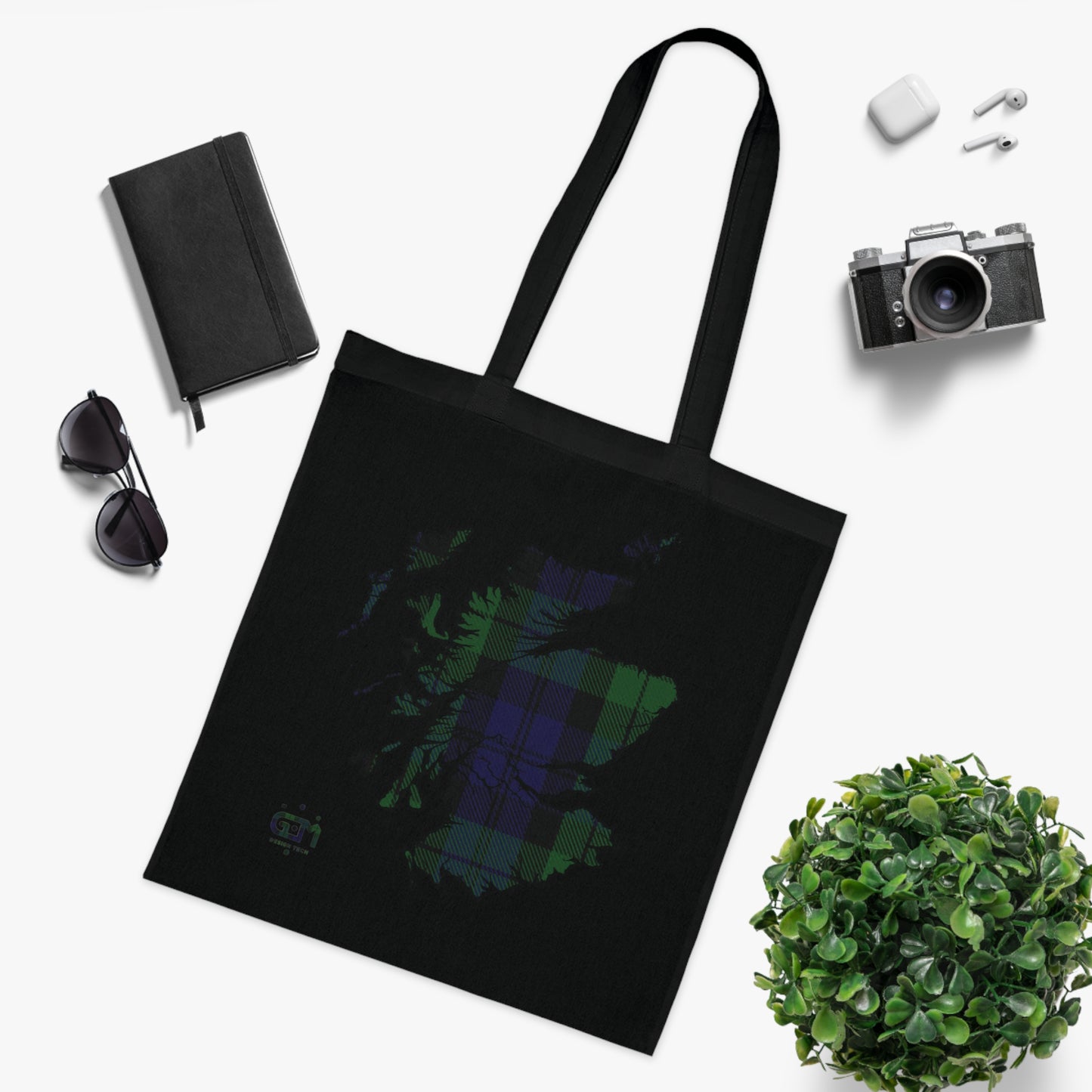 Reversible Scotland Tartan Map Cotton Tote Bag - Black Watch Tartan