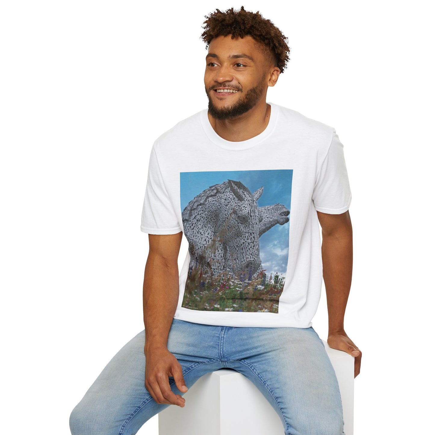 Kelpies with Meadow Photo Softstyle Unisex T-Shirt, Scottish Tee