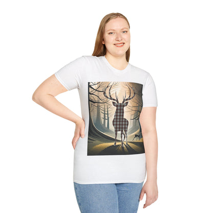 Stag Tartan Silhouette Softstyle T-Shirt - Fraser Tartan, Unisex Tee, Scottish Scenery, Various Colours