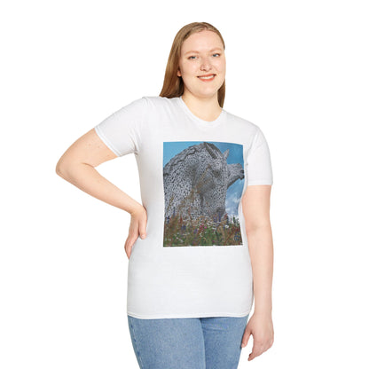 Scottish Kelpies with Meadow Photo Softstyle Unisex T-Shirt, Scotland Tee