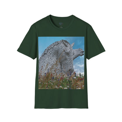 Kelpies with Meadow Photo Softstyle T-Shirt, Unisex Tee, Scottish Landmarks, Various Colours