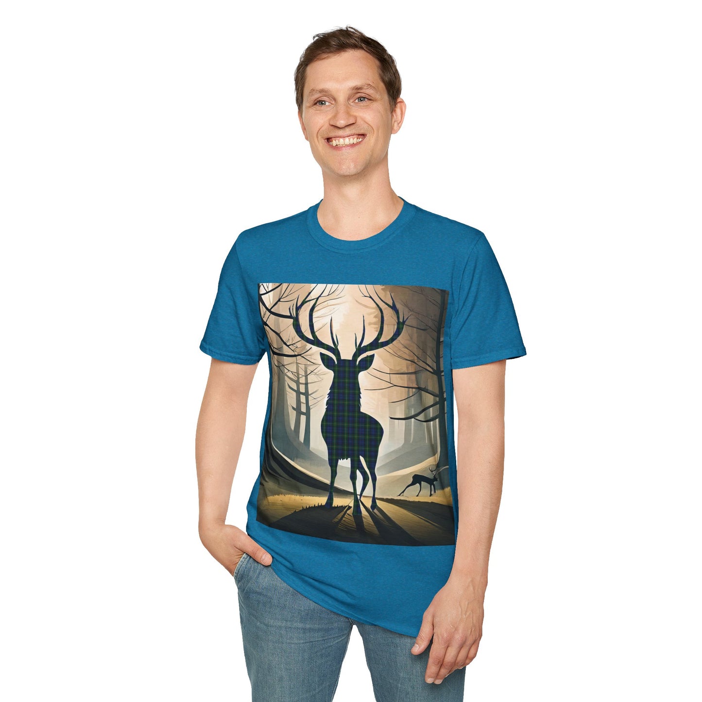 Stag Tartan Silhouette Softstyle T-Shirt - Gordon Tartan, Unisex Tee, Scottish Scenery, Various Colours