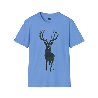 Tartan Stag Softstyle T-Shirt - Gordon Tartan, Unisex Tee, Scottish Scenery, Various Colours