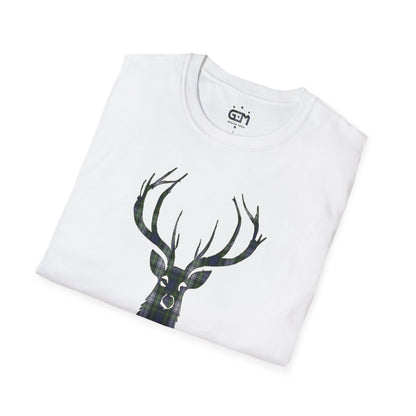 Tartan Stag Softstyle T-Shirt - Gordon Dress Tartan, Unisex Tee, Scottish Scenery, Various Colours