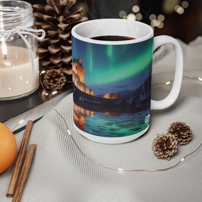 Eilean Donan Castle Northern Lights Mug, Coffee Cup, Tea Cup, Scottish Art, Scottish Landmarks, Scottish Nature, White