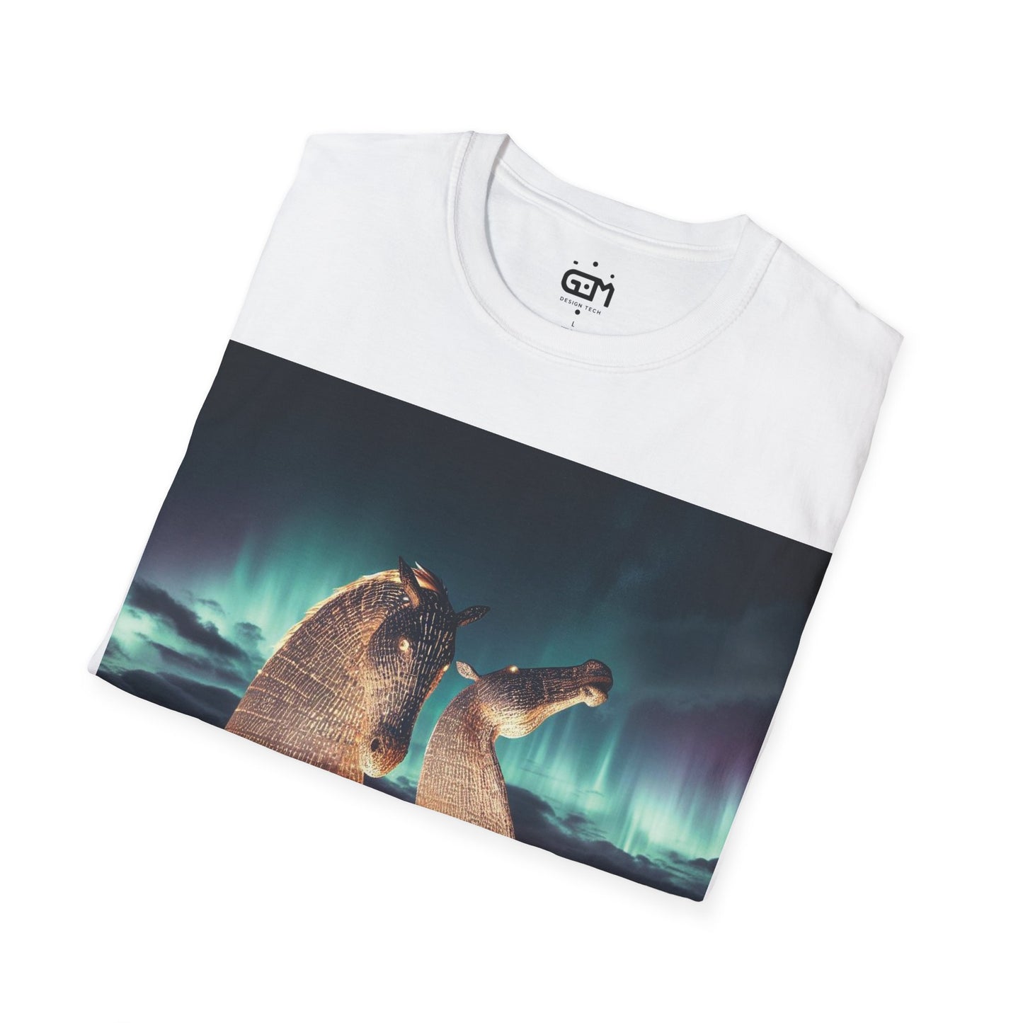 Kelpies with Northern Lights Softstyle T-Shirt, Unisex Tee, Scotland Shirt, Scottish Landmark, Nature, Scenery, Various Colours