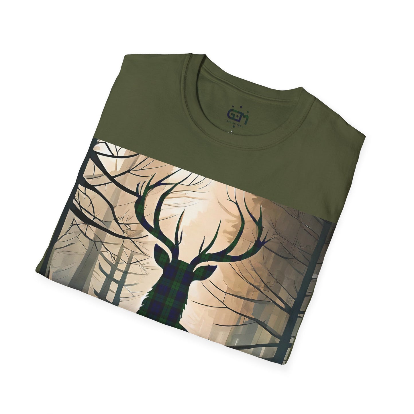 Stag Tartan Silhouette Softstyle T-Shirt - Black Watch Tartan, Unisex Tee, Scottish Scenery, Various Colours