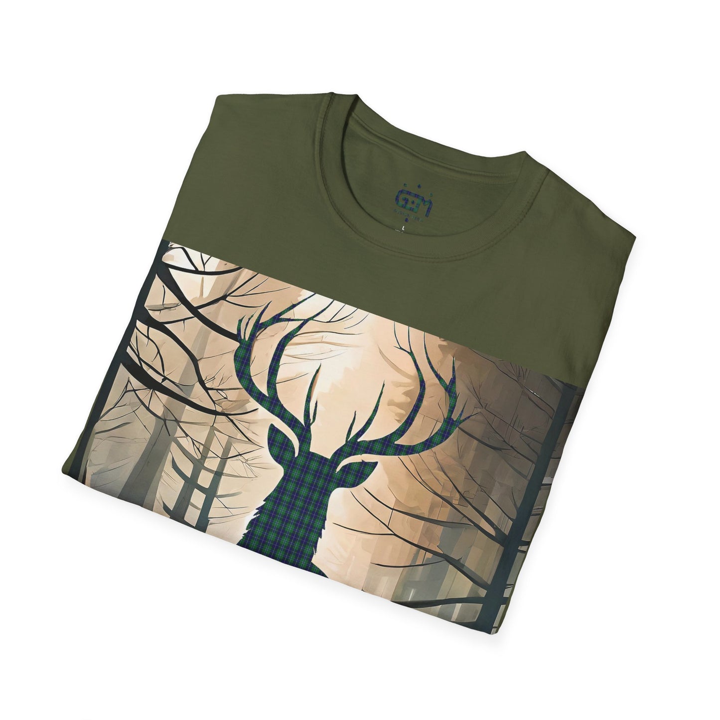 Stag Tartan Silhouette Softstyle T-Shirt - Douglas Tartan, Unisex Tee, Scottish Scenery, Various Colours