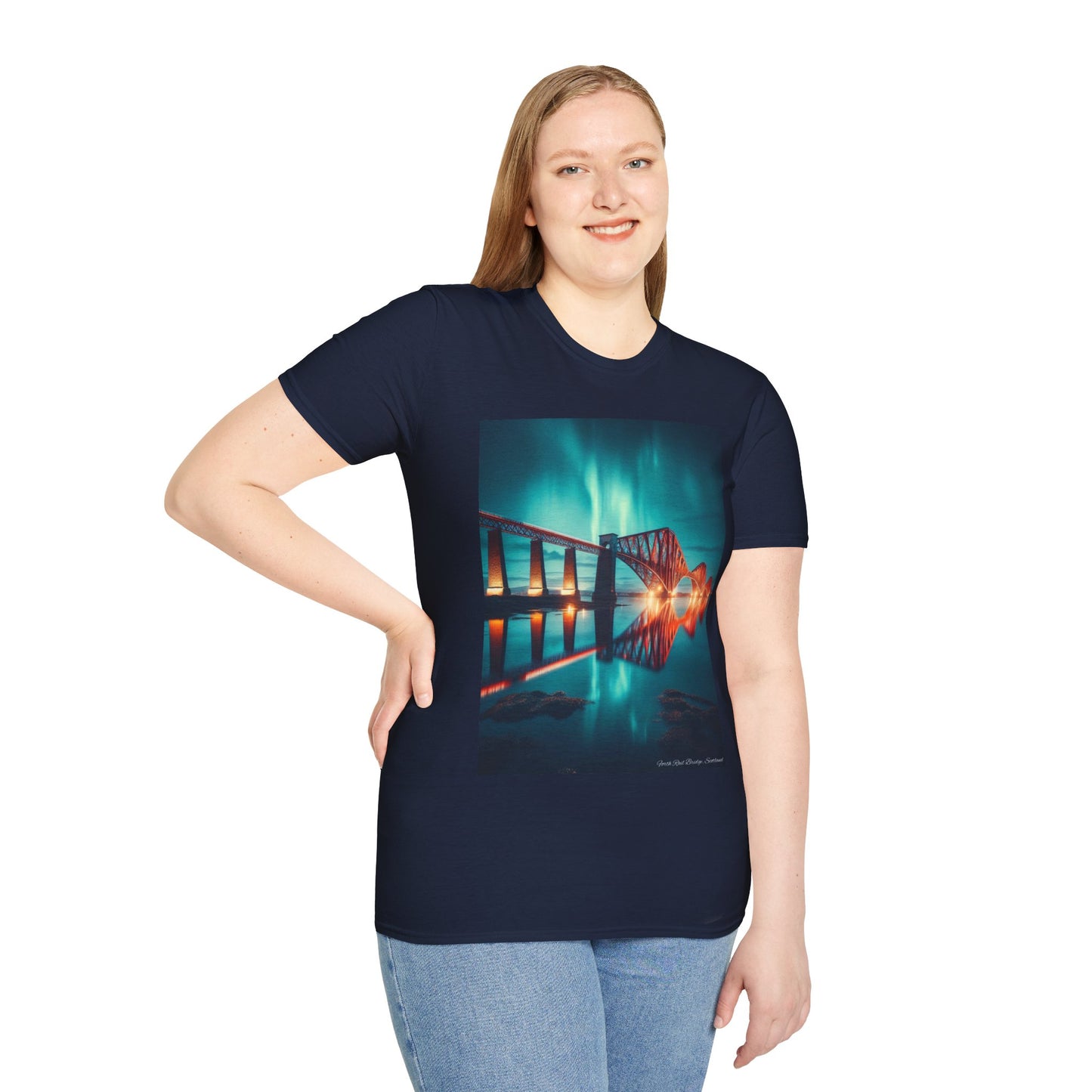 Forth Rail Bridge with Northern Lights Softstyle Unisex T-Shirt, Scotland Tee