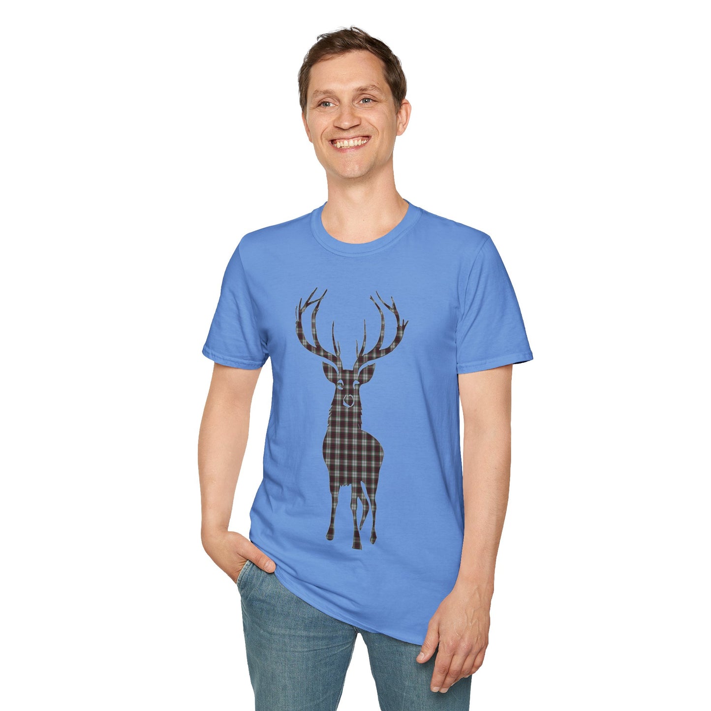 Tartan Stag Softstyle T-Shirt - Fraser Tartan, Unisex Tee, Scottish Scenery, Various Colours