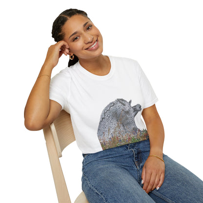 Scottish Kelpies with Meadow No Sky Photo Softstyle Unisex T-Shirt, Scotland Tee