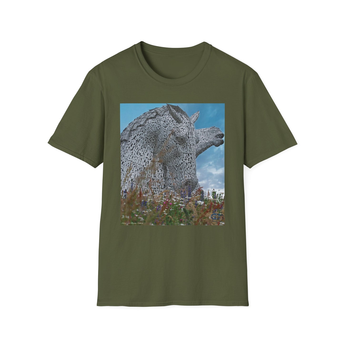 Scottish Kelpies with Meadow Photo Softstyle Unisex T-Shirt, Scotland Tee