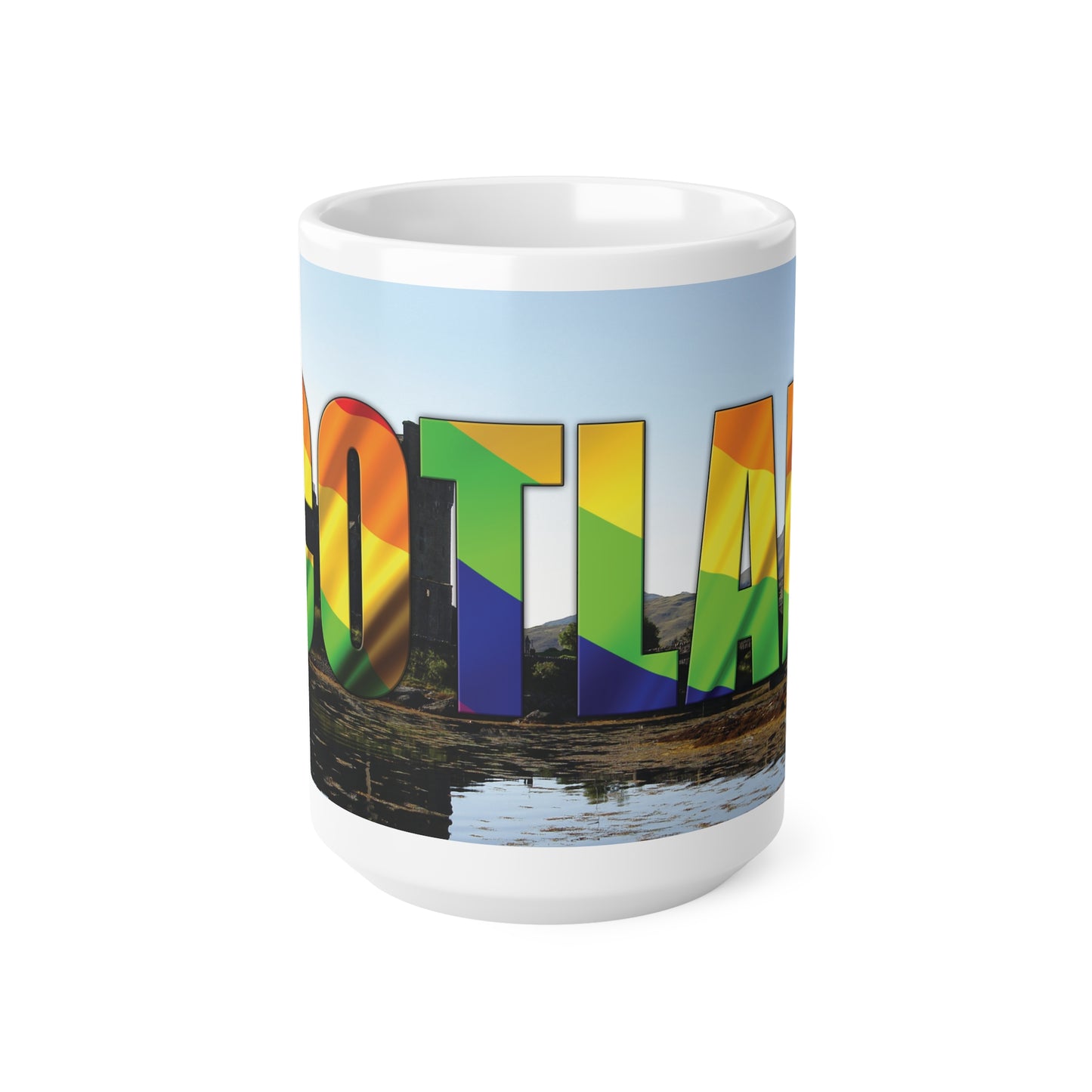 Scotland Lettering Pride Flag Photo Mug, White