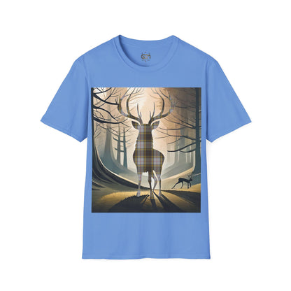 Stag Tartan Silhouette Softstyle T-Shirt - Buchanan Tartan, Unisex Tee, Scottish Scenery, Various Colours