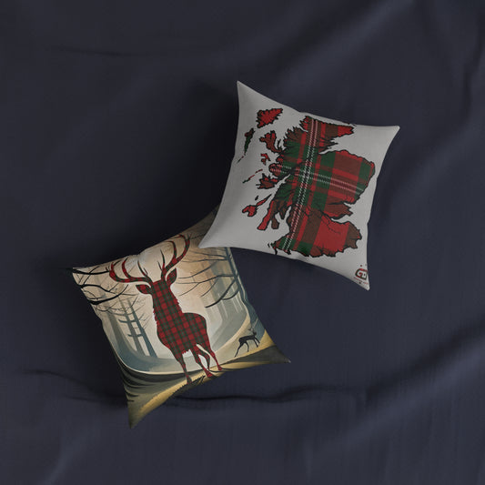 Reversible Square Cushion : Stag / Scotland Map - MacGregor Tartan, Various Sizes