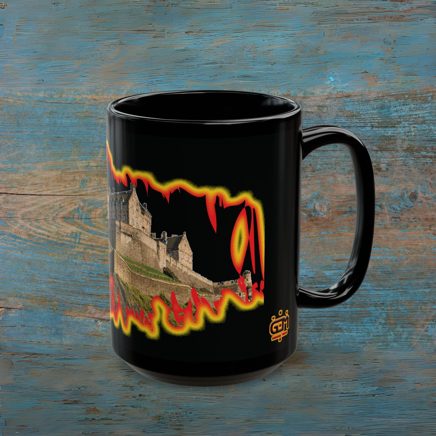 Edinburgh Castle Fire Effect Photo Mug, Black