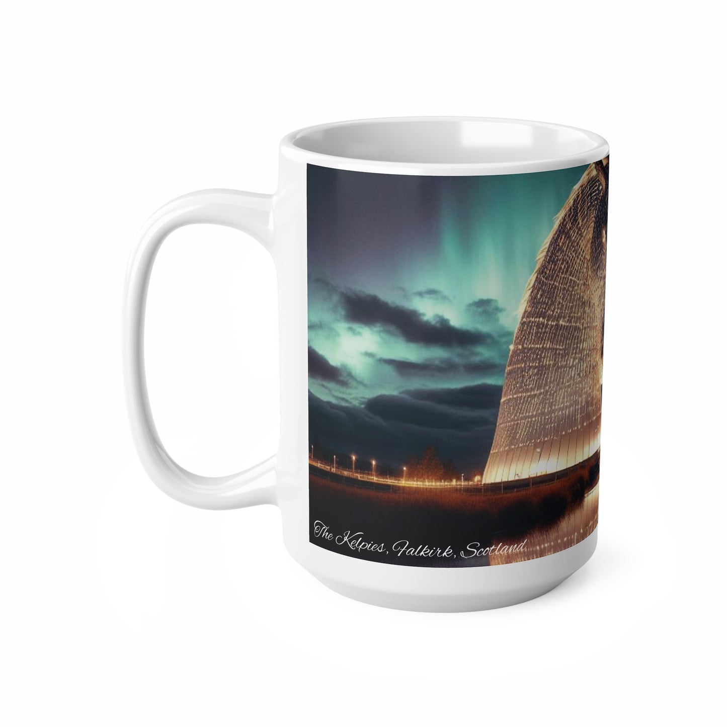 Kelpies Northern Lights Mug, Coffee Cup, Tea Cup, Scottish Art, Scottish Landmarks, Scottish Nature, White