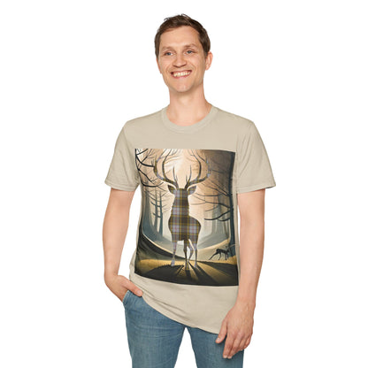 Stag Tartan Silhouette Softstyle T-Shirt - Buchanan Tartan, Unisex Tee, Scottish Scenery, Various Colours