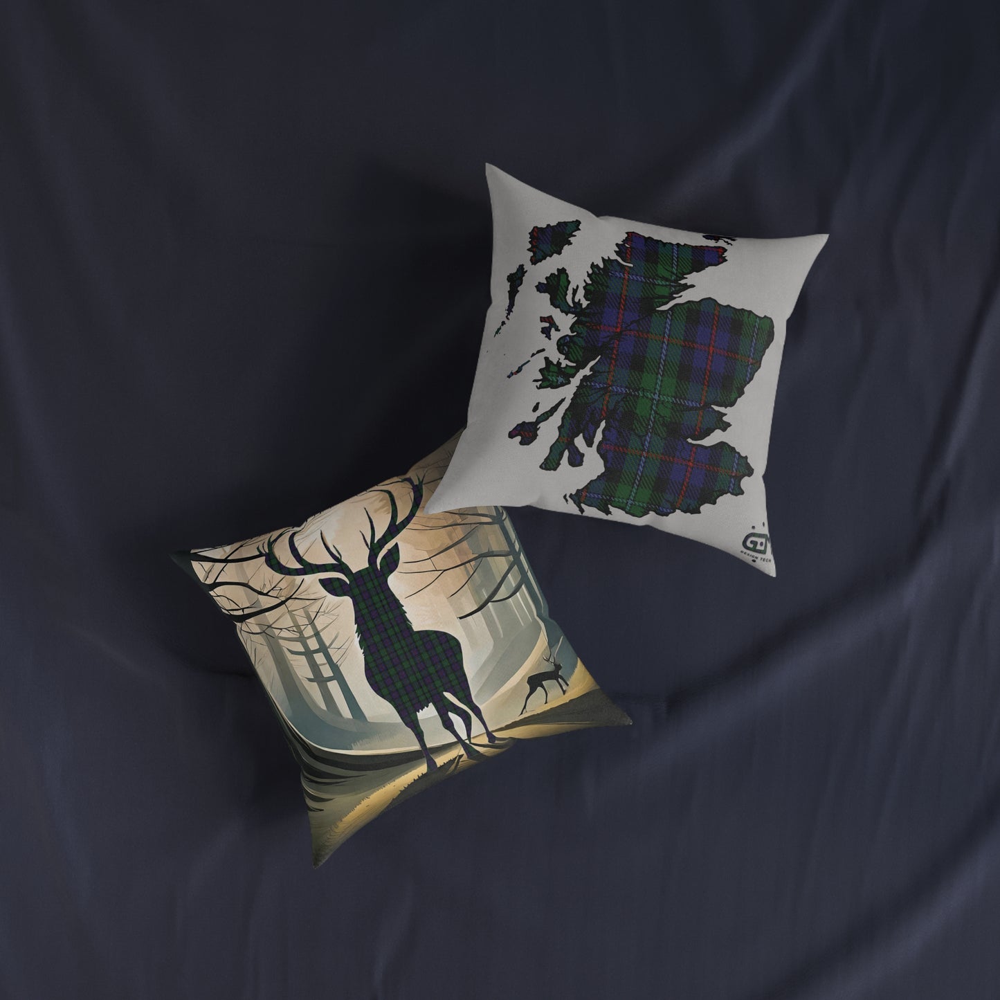 Reversible Square Cushion : Stag / Scotland Map - Argyle Tartan, Various Sizes