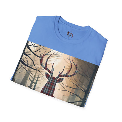 Stag Tartan Silhouette Softstyle T-Shirt - Stewart Tartan, Unisex Tee, Scottish Scenery, Various Colours