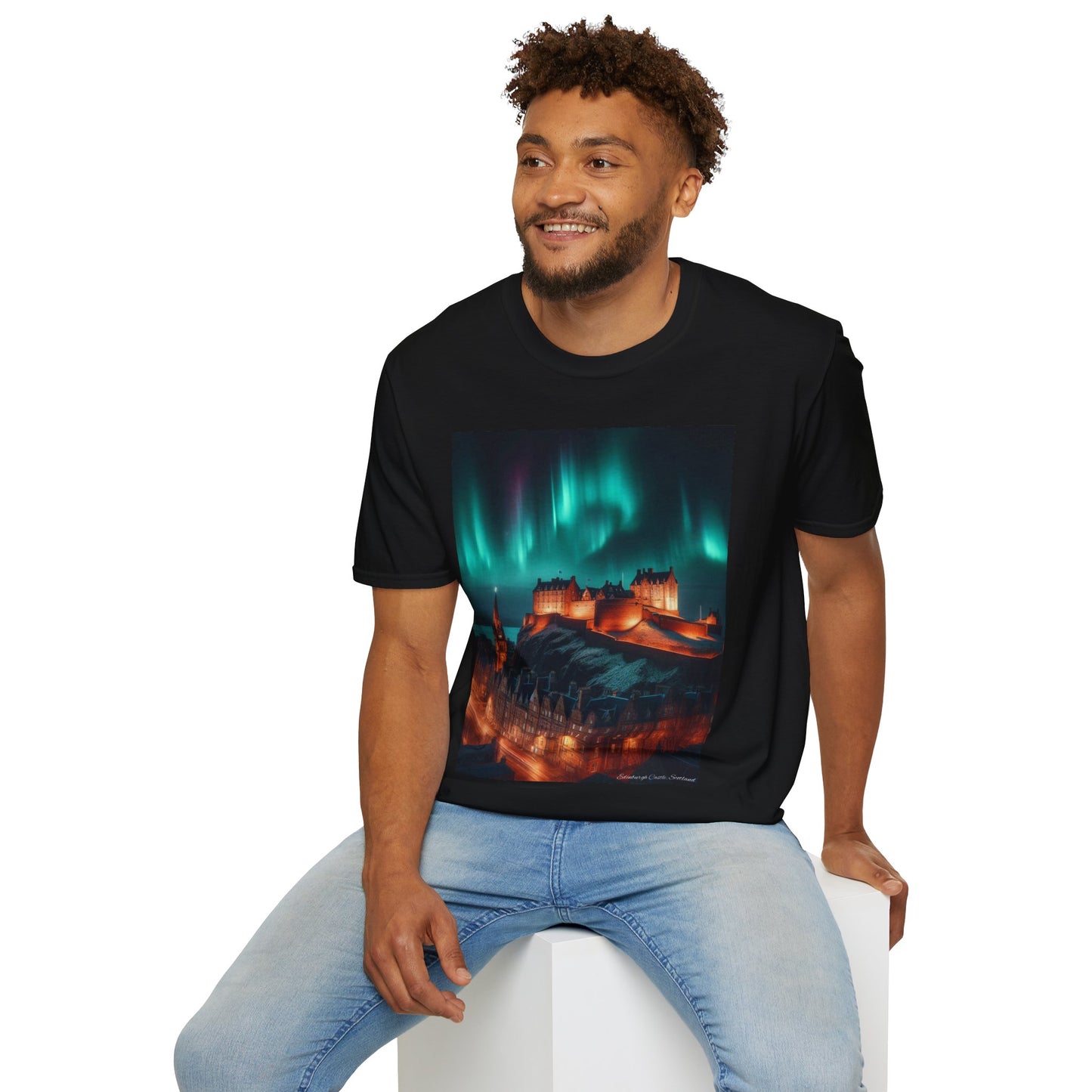 Edinburgh Castle with Northern Lights Softstyle Unisex T-Shirt, Scotland Tee