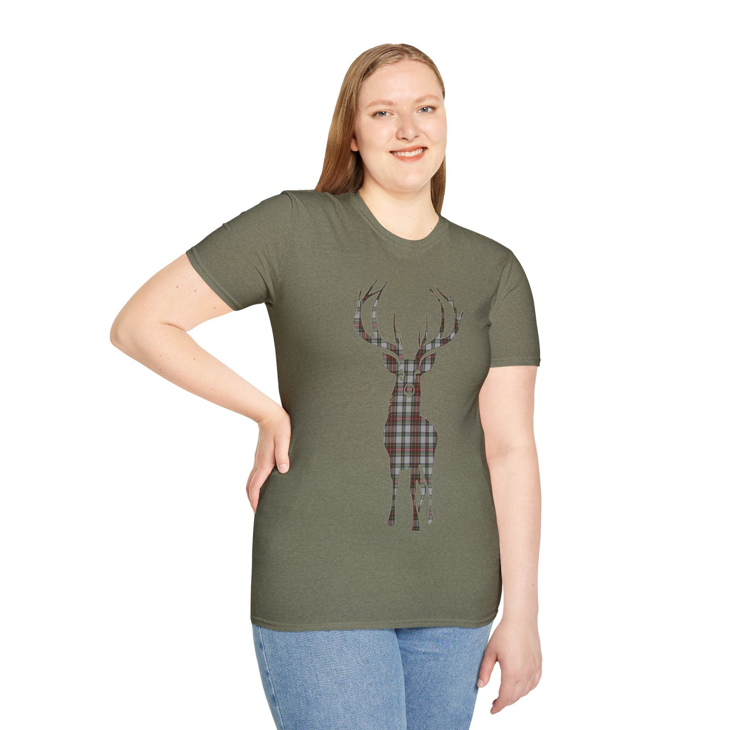 Tartan Stag Softstyle T-Shirt - Stewart Dress Tartan, Unisex Tee, Scottish Scenery, Various Colours