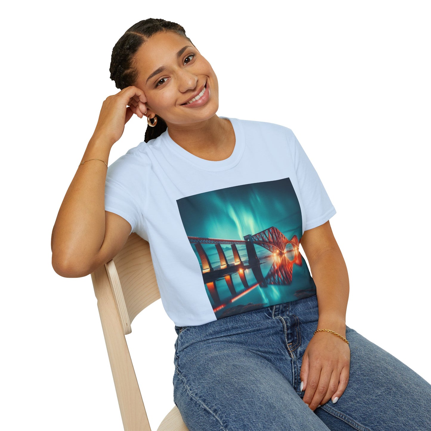 Forth Rail Bridge with Northern Lights Softstyle Unisex T-Shirt, Scotland Tee