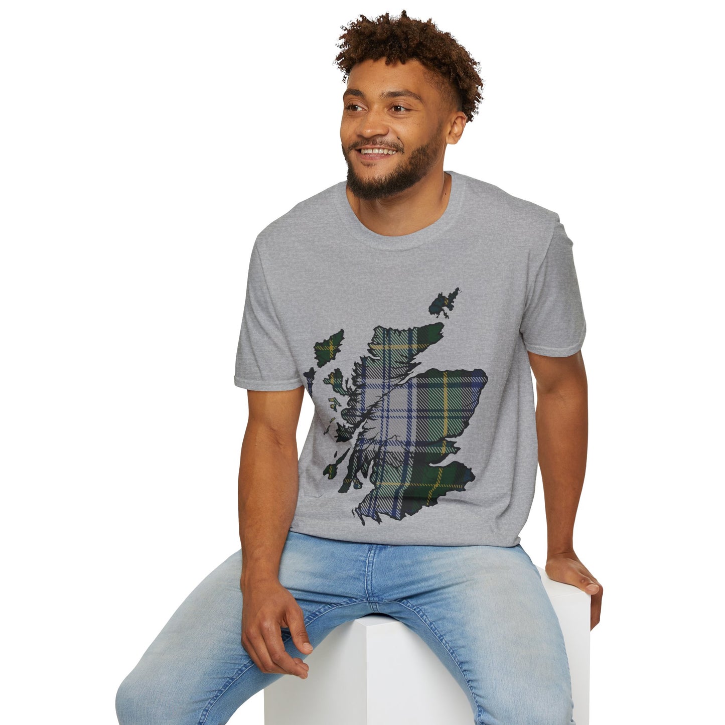 Scotland Tartan Map Softstyle Unisex T-Shirt, Gordon Dress Tartan, Various Colours