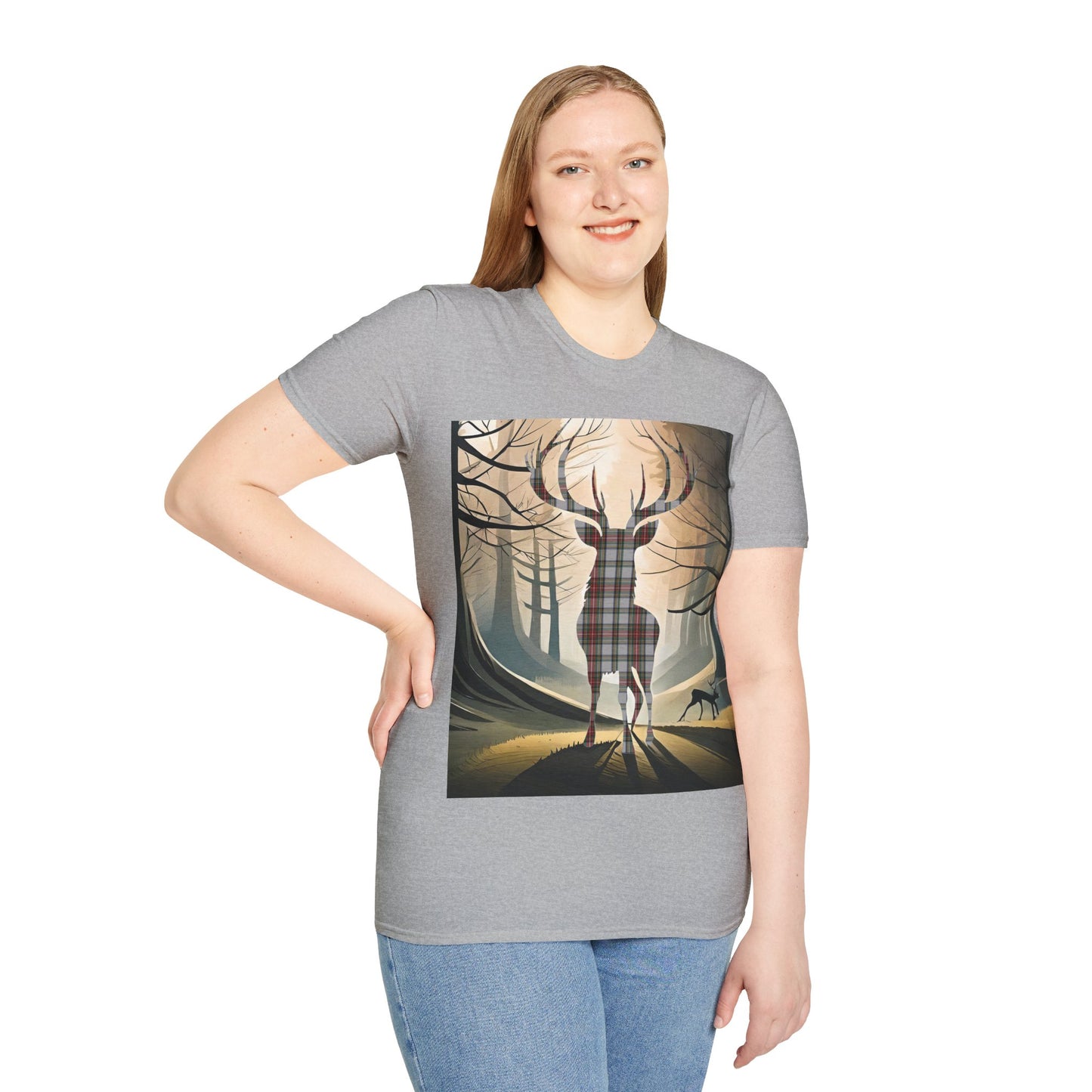 Stag Tartan Silhouette Softstyle T-Shirt - Stewart Dress Tartan, Unisex Tee, Scottish Scenery, Various Colours