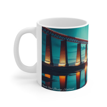 Forth Rail Bridge Northern Lights Mug, Coffee Cup, Tea Cup, Scottish Art, Scottish Landmarks, Scottish Nature, White