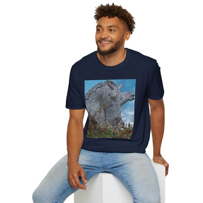 Scottish Kelpies with Meadow Photo Softstyle Unisex T-Shirt, Scotland Tee