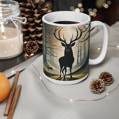 Stag Silhouette Woodland Scene Mug, Coffee Cup, Tea Cup, Scotland, White