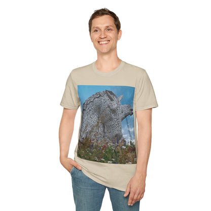 Kelpies with Meadow Photo Softstyle T-Shirt, Unisex Tee, Scottish Landmarks, Various Colours