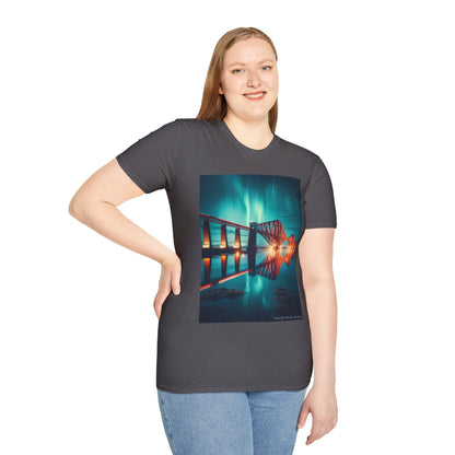 Forth Rail Bridge with Northern Lights Softstyle Unisex T-Shirt, Scotland Tee