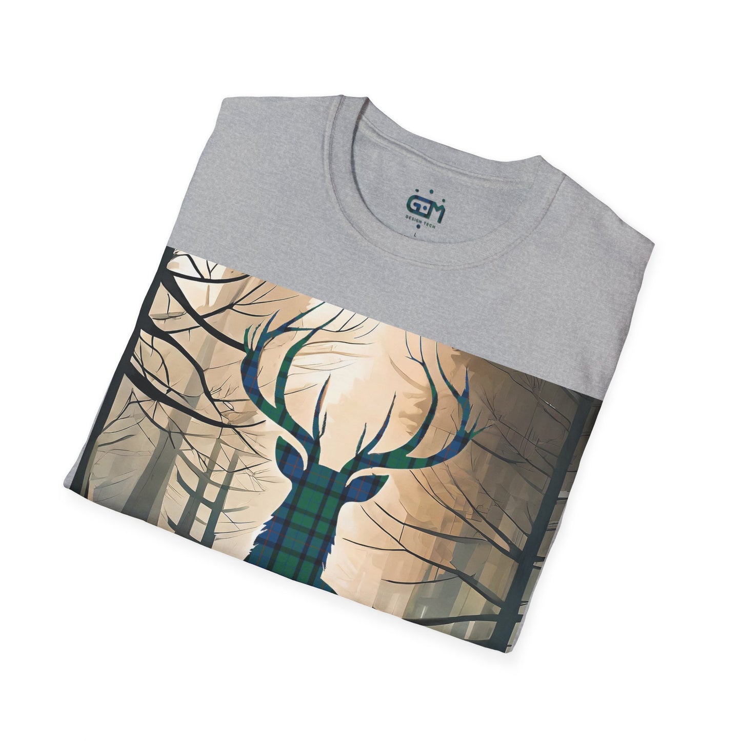 Stag Tartan Silhouette Softstyle T-Shirt - Flower of Scotland Tartan, Unisex Tee, Scottish Scenery, Various Colours