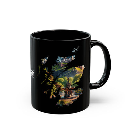 Edinburgh Castle with Fountain Scotland Map Mug, Coffee Cup, Tea Cup, Scottish Art, Scottish Nature, Scottish Landmarks, Black