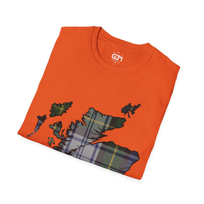 Scotland Tartan Map Softstyle Unisex T-Shirt, Gordon Dress Tartan, Various Colours