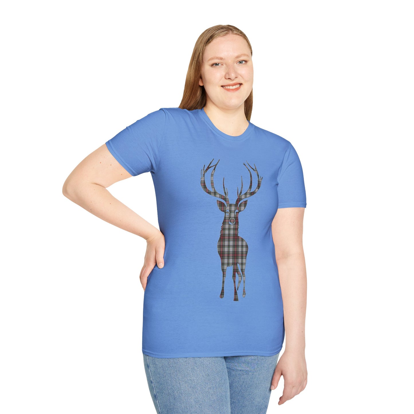 Tartan Stag Softstyle T-Shirt - Stewart Dress Tartan, Unisex Tee, Scottish Scenery, Various Colours