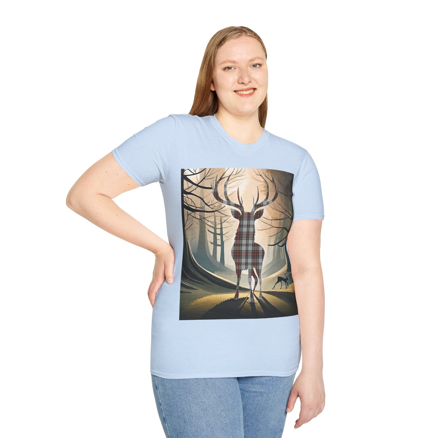 Stag Tartan Silhouette Softstyle T-Shirt - Stewart Dress Tartan, Unisex Tee, Scottish Scenery, Various Colours