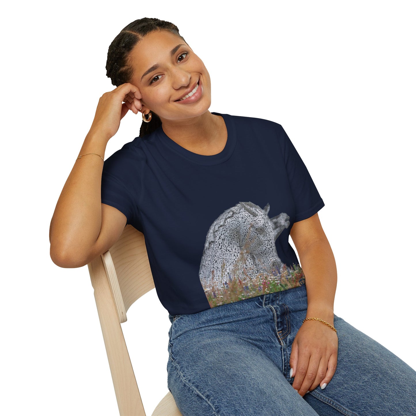 Scottish Kelpies with Meadow No Sky Photo Softstyle Unisex T-Shirt, Scotland Tee