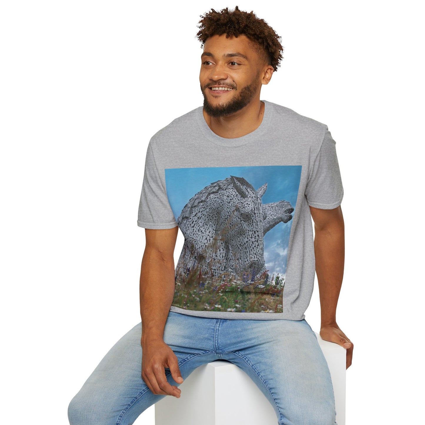 Kelpies with Meadow Photo Softstyle T-Shirt, Unisex Tee, Scottish Landmarks, Various Colours