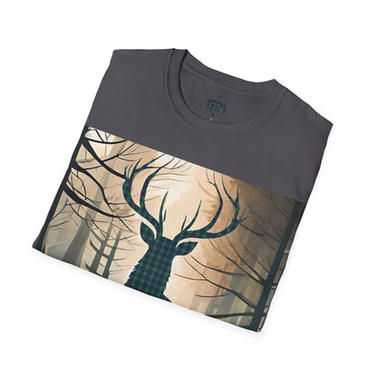 Stag Tartan Silhouette Softstyle T-Shirt - Douglas Tartan, Unisex Tee, Scottish Scenery, Various Colours