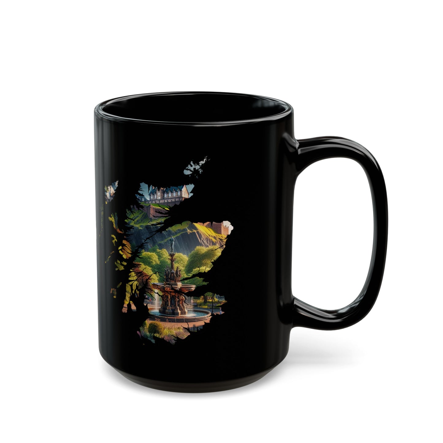 Edinburgh Castle with Fountain Scotland Map Mug, Coffee Cup, Tea Cup, Scottish Art, Scottish Nature, Scottish Landmarks, Black